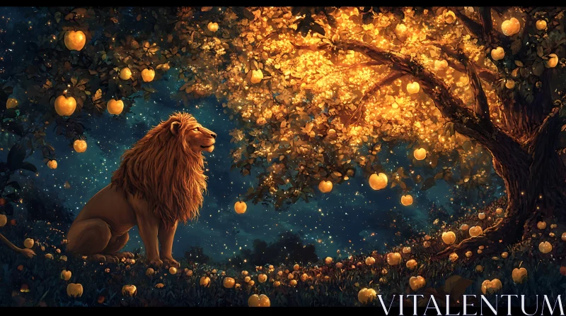 Golden Fruit Tree with Lion AI Image