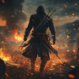 Hooded Warrior Amidst Fire and Swords