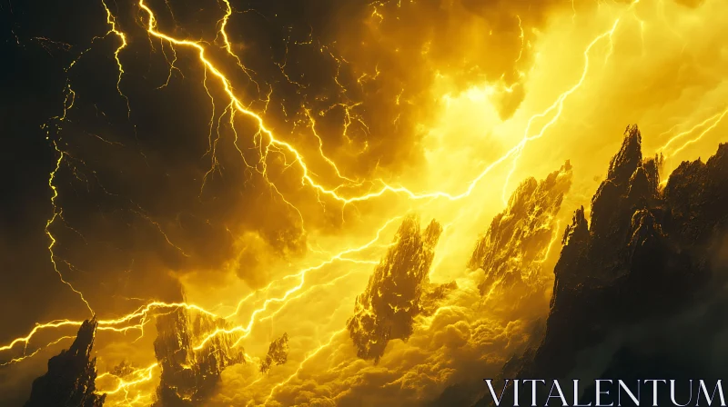 Golden Lightning Over Mountain Peaks AI Image