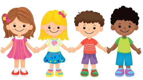 Happy Kids United in Cartoon Style