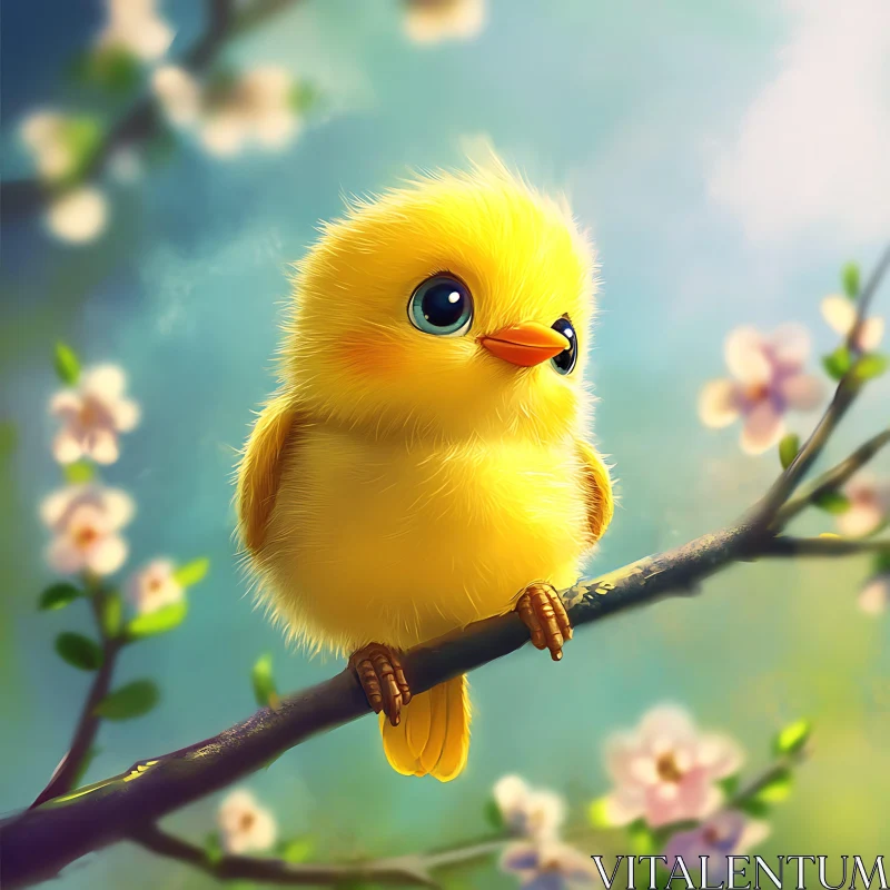 Spring Chick Perched on Floral Branch AI Image