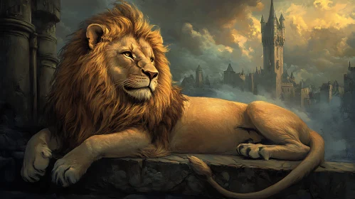 Regal Lion Overlooking Ancient Castle