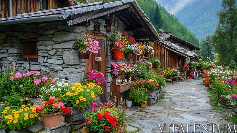 AI ART Flower-Adorned Cottage in Scenic Mountain Setting