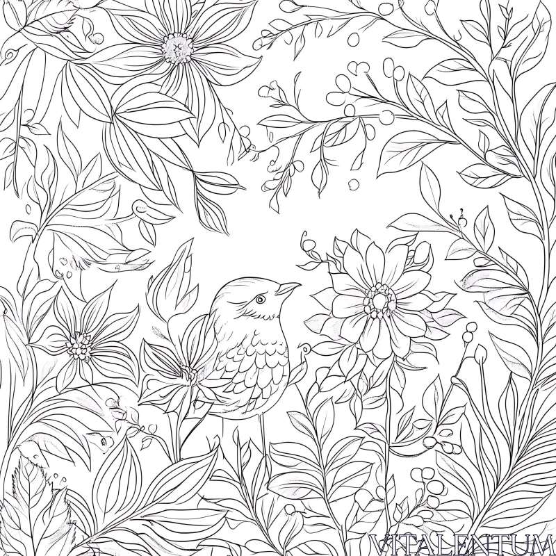 Bird Among Flowers Line Drawing AI Image