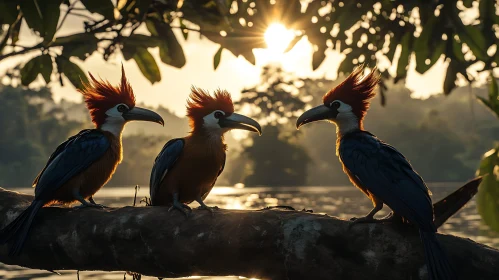 Three Hornbills on a Branch