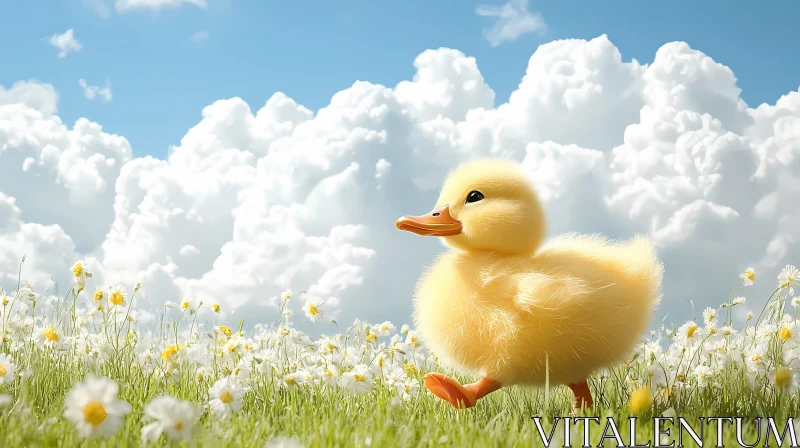 Charming Duckling in Floral Field AI Image