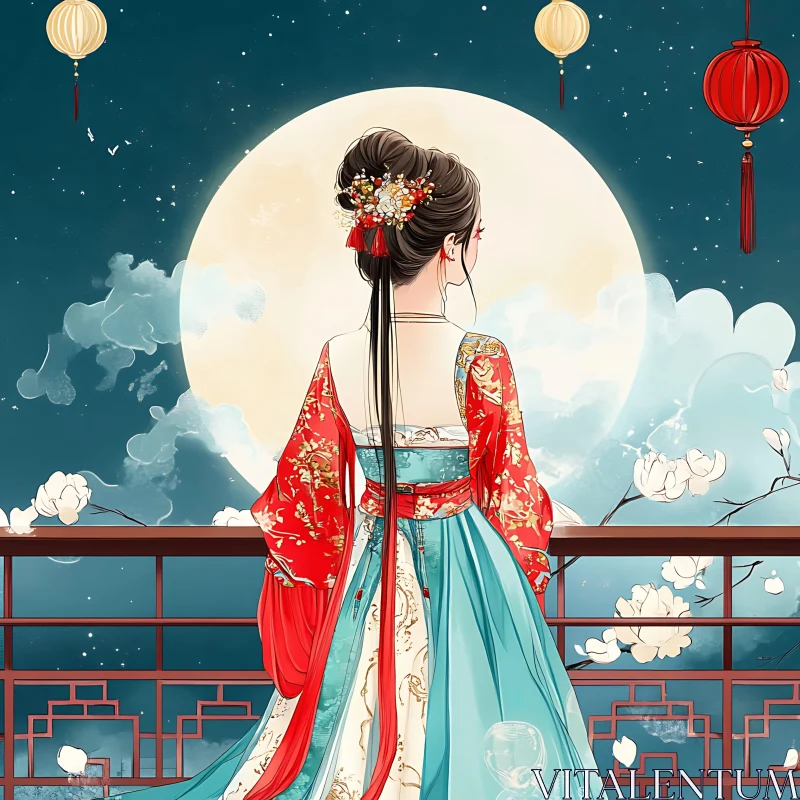 AI ART Serene Lunar Observation Traditional Clothing