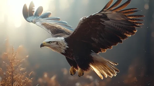 Eagle in Flight Over Forest