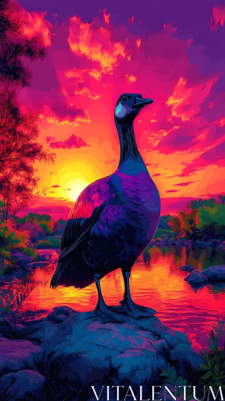 Colorful Goose and Sunset Art AI Image