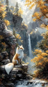 Fox and Waterfall with Autumn Foliage