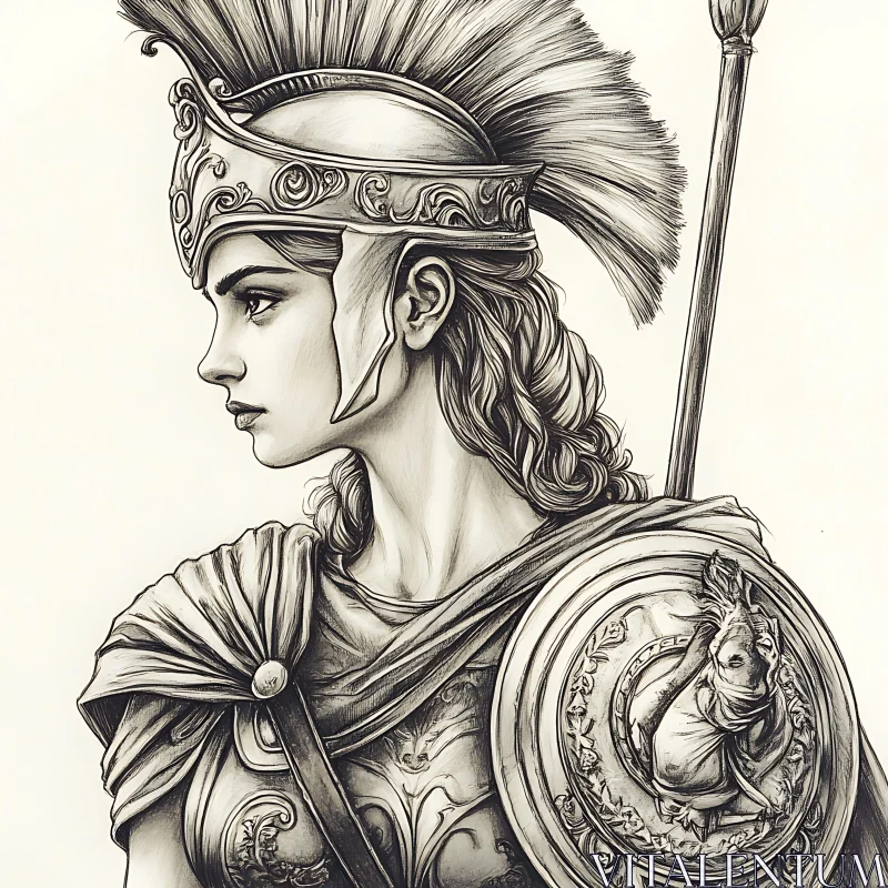 AI ART Monochrome Drawing of Athena in Armor