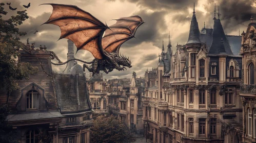 Fantasy Dragon Above Cityscape