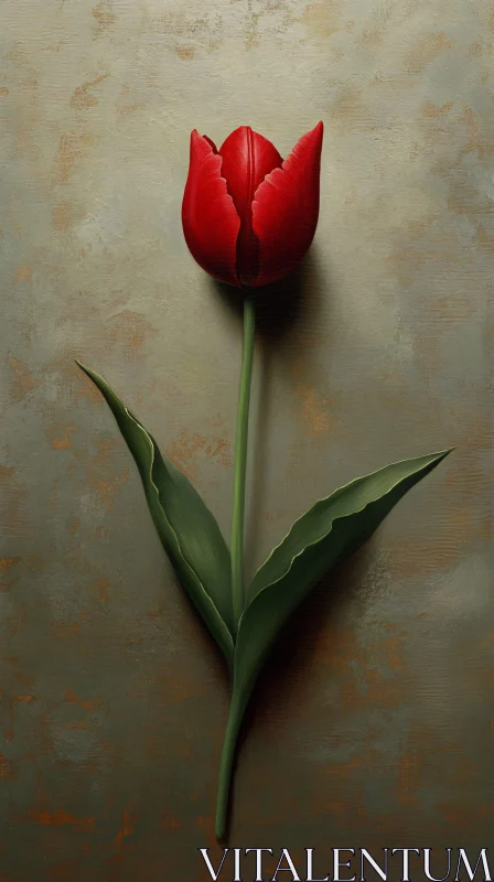 AI ART Elegant Red Tulip with Green Leaves