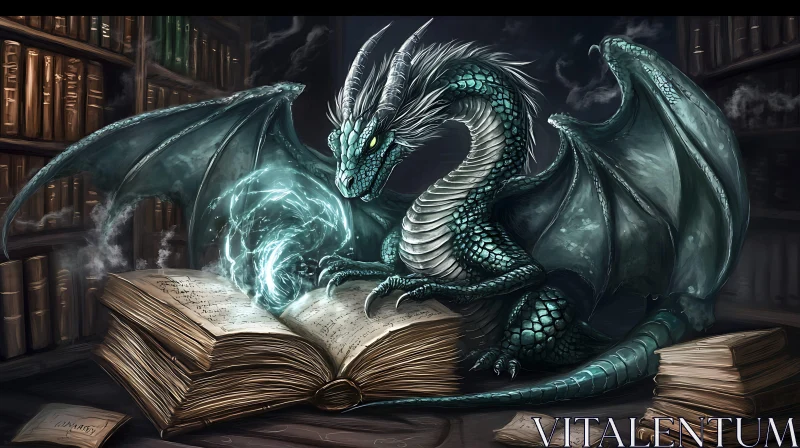 AI ART Fantasy Dragon Studying Spell Book