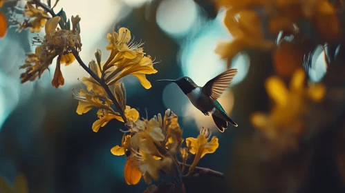 Flight of the Hummingbird Near Blooms