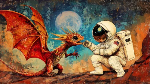 Whimsical Dragon and Astronaut Artwork