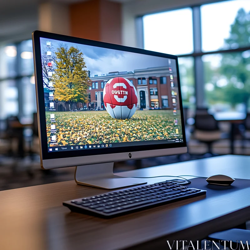 Sleek Desktop Computer with Campus-Themed Wallpaper in Office AI Image