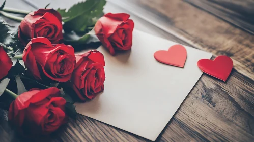 Red Roses and Hearts on Wood