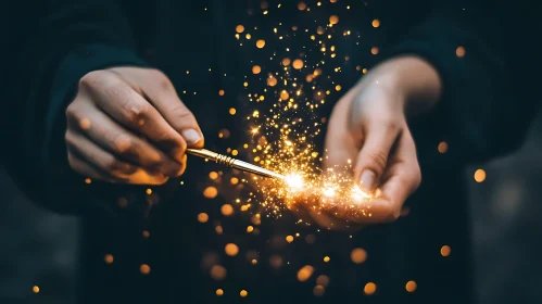 Hands Holding Sparkler with Golden Light