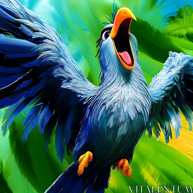 AI ART Animated Blue Bird with Open Beak