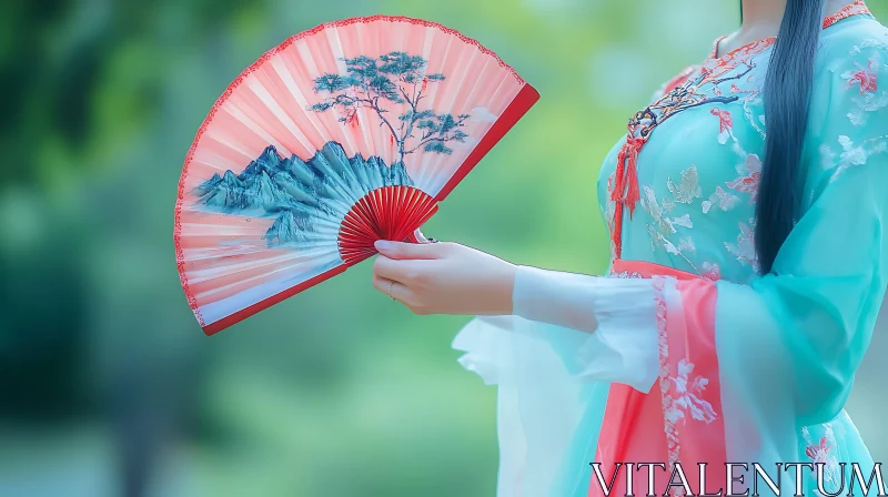 Asian Woman with Fan in Traditional Dress AI Image