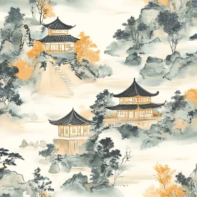Mountain Temples in Ink Wash Style