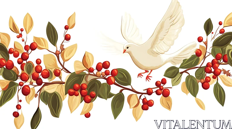 White Dove Among Berries Illustration AI Image