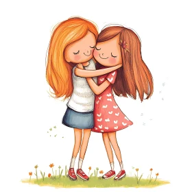 Illustration of Two Young Girls Hugging