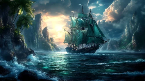 Sailing Ship Amidst Tropical Island