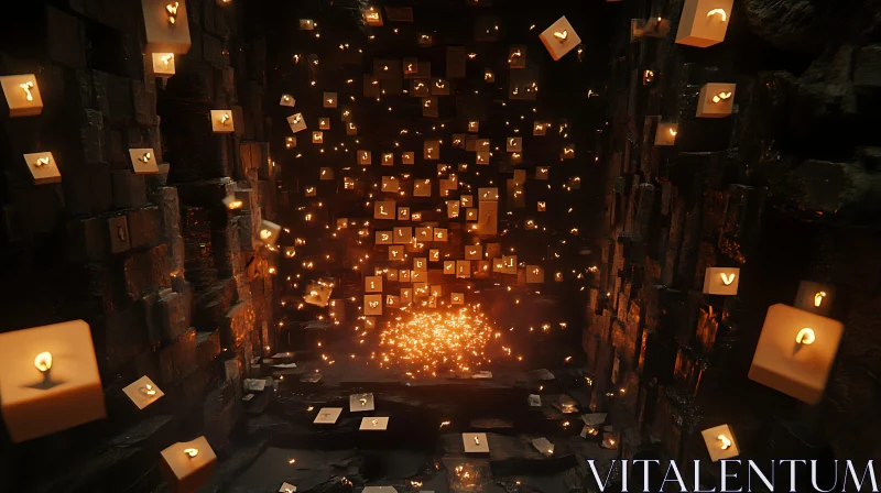 AI ART Floating Candle Lights in Stone Chamber