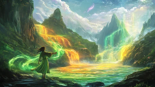 Luminous Waterfalls and Green-Clad Figure