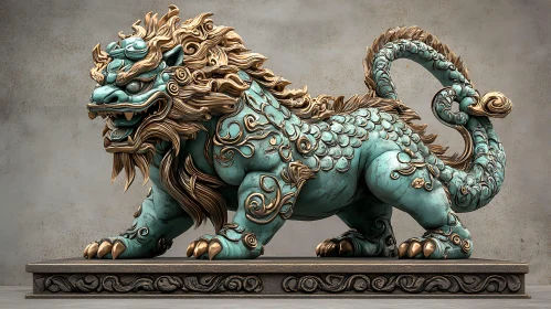 Ornate Turquoise Guardian Lion Statue