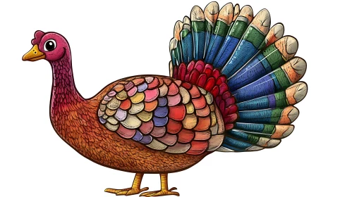 Whimsical Turkey with Rainbow Feathers