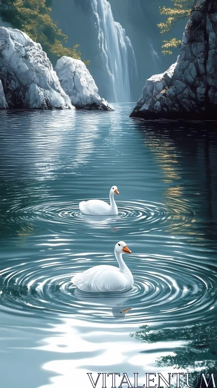 Graceful Swans with Waterfall AI Image