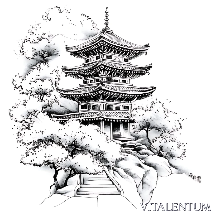 Monochrome Pagoda Illustration AI Image