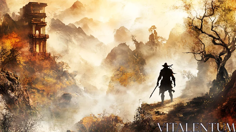 Pagoda View with Warrior Silhouette
