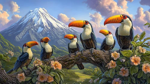 Birds on Branch with Mountain Backdrop