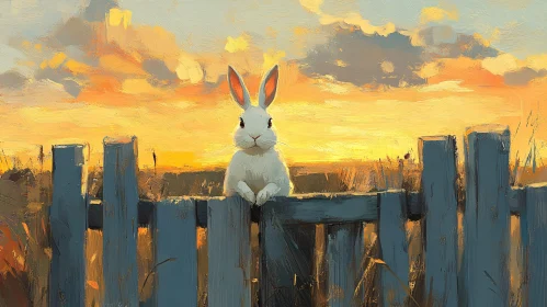 White Bunny on Fence at Sunset