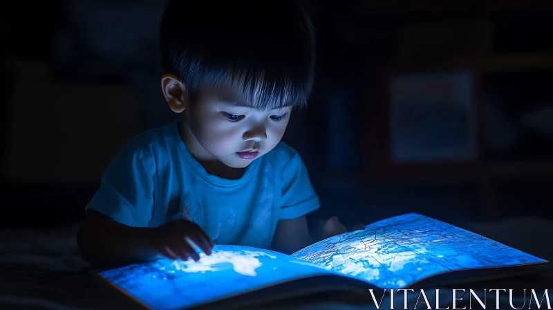 AI ART Boy Reading an Illuminated Book at Night