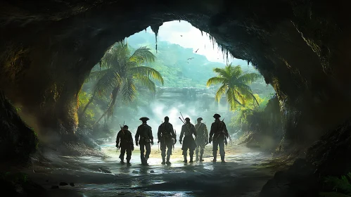 Silhouette of Pirates in Tropical Cave