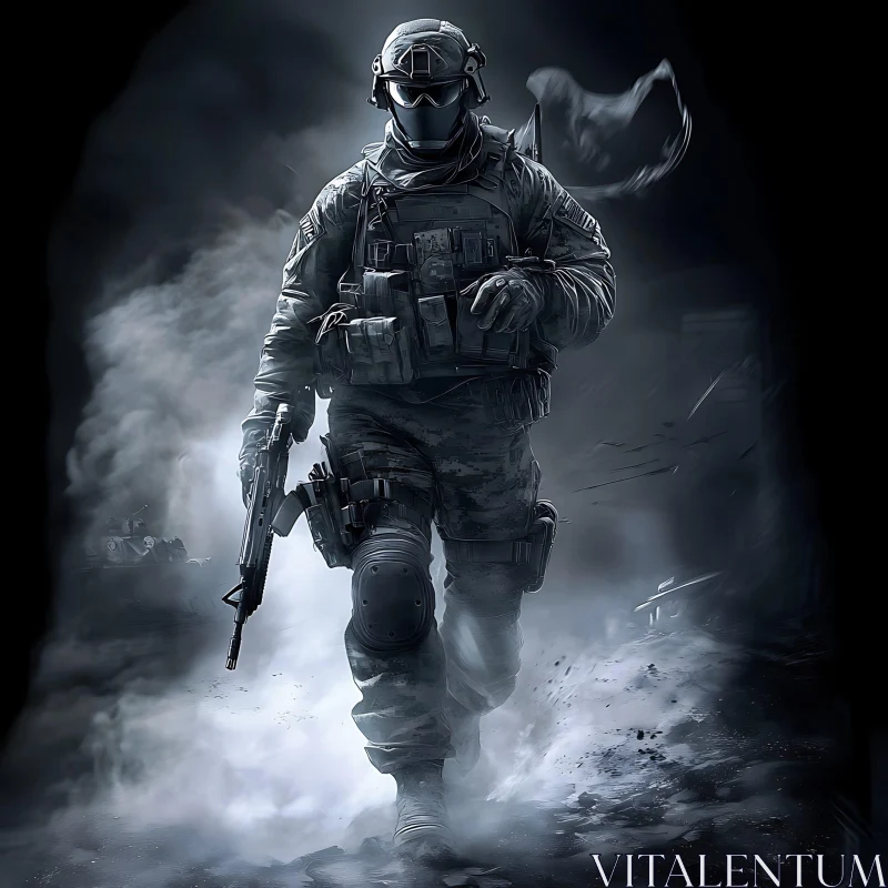 AI ART Camouflaged Soldier in Dark Environment