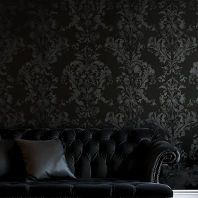 Elegant Black Sofa with Patterned Wallpaper