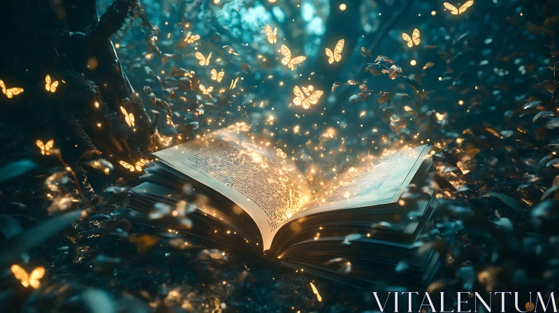 AI ART Glowing Butterflies Around Open Book