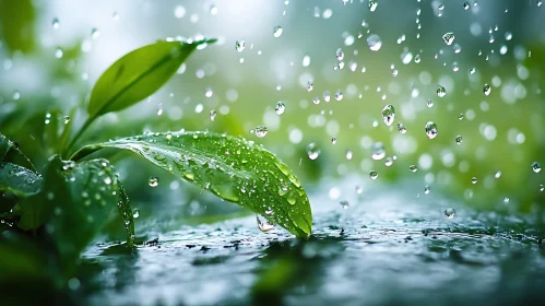 Raindrops on Green Leaves Close-up