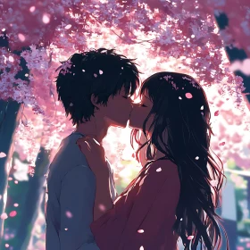 Anime Couple Kissing in Cherry Blossom Garden