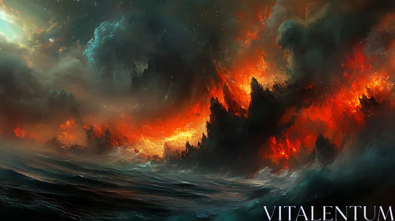 Inferno at Sea - Ocean Meets Fire AI Image