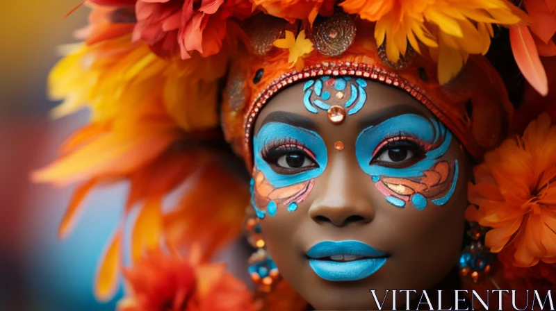Carnival Dancer with Colorful Face Paint and Feathered Head Dress AI Image