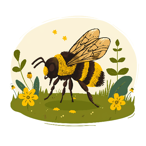 Cartoon Illustration of a Friendly Bee Surrounded by Multicolored Flowers POD Design