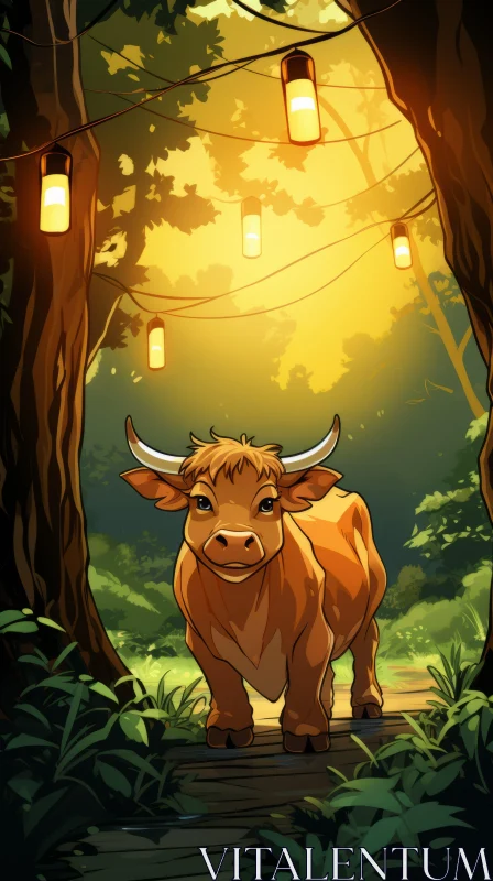 Cartoonish Bull in a Forest Pathway - Manga Inspired Illustration AI Image