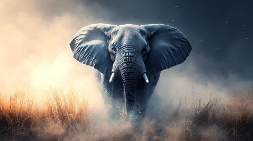 Elephant in Grass and Fog